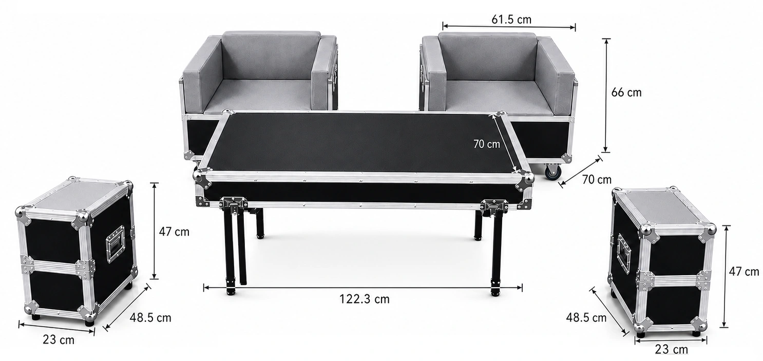 Sofa flight case set with two armchairs, a folding table and transport cases